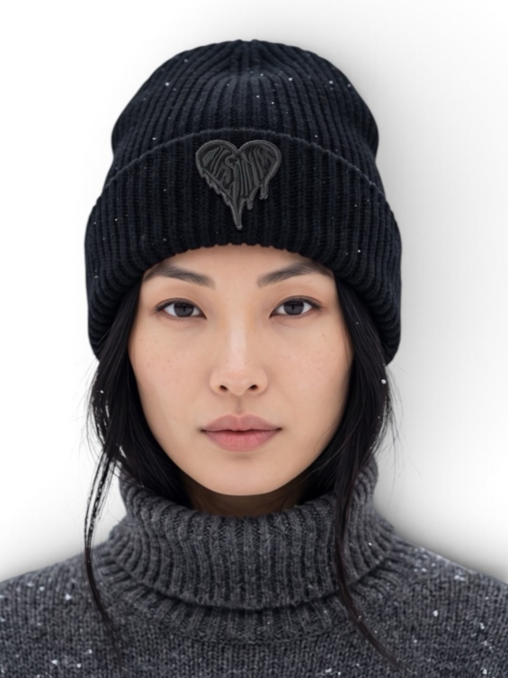 AllSaints Heart Logo Ribbed Slouchy Beanie Black Wool Blend One Size NWOT